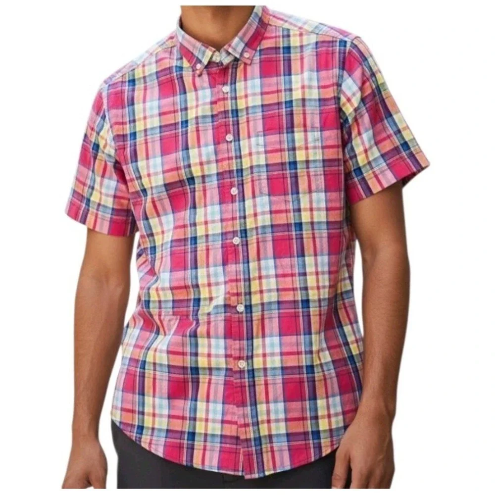 Club Room Mens Button Down Shirt Size Medium Cotton Stretch Short Sleeve Plaid